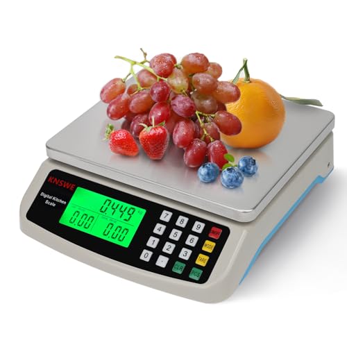 KNSWE Waage Küchenwaage Groß Edelstahl Digitalwaage 40kg zum Gastronomie Messen von Fleisch Wurst so Weiter Obstwaage mit Zähl Tara Funktion Feinwaage 1g LCD Display und 4 Maßeinheit