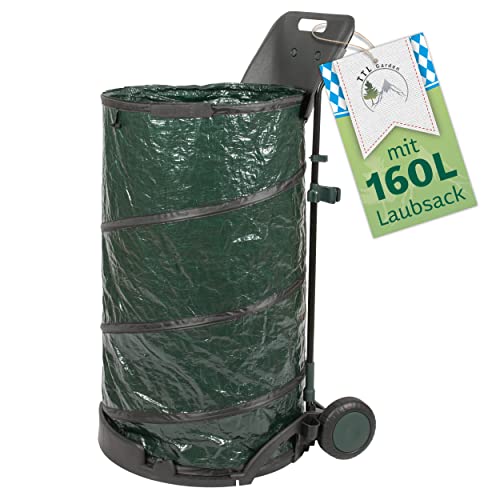 TTL Garden Gartentrolley mit 160L Pop Up Laubsack - klappbarer Gartenwagen Handwagen Trolley mit 2 großen Rollen und Laubsammler, Gartensack abnehmbar, Caddy fahrbar mit Halter für Gartengeräte