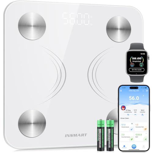 INSMART Personenwaage Digital, Waage personen mit Bluetooth, Körperfettwaage für BMI, Gewicht, Körperfett, Pulsschlag, Muskelmasse, Wasser, Protein, Skelettmuskel, Knochengewicht, BMR, usw.