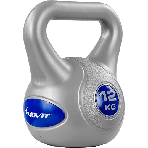 MOVIT Kettlebell STYLISH Grey, Kugelhantel mit bodenschonender Kunststoffhülle, 2 kg bis 20 kg, schadstoffgeprüft, 12 kg dunkelblau