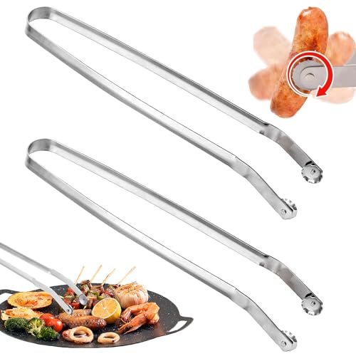 LUKIUP BBQ Sausage Turning Tongs, 2 Stück 38CM Grillzange mit Rädchen zum Drehen, Grillzange Edelstahl, zum Wenden von, Steak, Fleisch und Gemüse, Kochzange zum Grillen, Grillzange lang Für Draußen