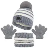 WKAYsIV Mütze Damen Winter Blau Mütze, Kragen, Handschuh, Winter, Plüsch-Isolierung, dicke Strickmütze, Isolations-Set Damen Mützen Set(Grey,Einheitsgröße)