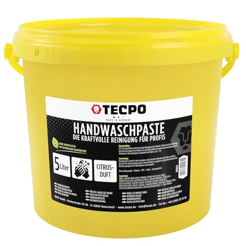 TECPO Handwaschpaste, 5 Liter - Profi Handreiniger gegen Starke hartnäckige Verschmutzungen wie Öl, Fett, Ruß, Farbe -Waschpaste, Seife, Werkstatt, KFZ, Pflege und Reinigung
