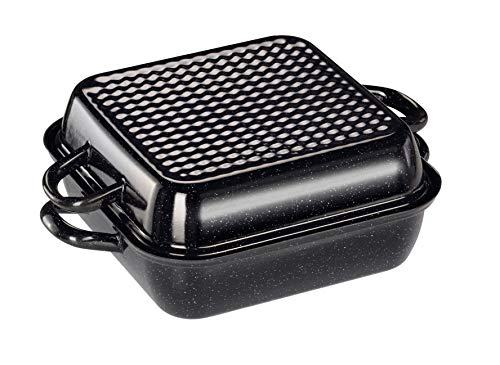 Riess, 0110-022, Bratpfanne mit Deckel 26/26, CLASSIC BACK- UND BRATFORMEN, Maße 26 x 26 cm, Höhe 11.7 cm, Emaille, schwarz, Waffelboden, Induktion