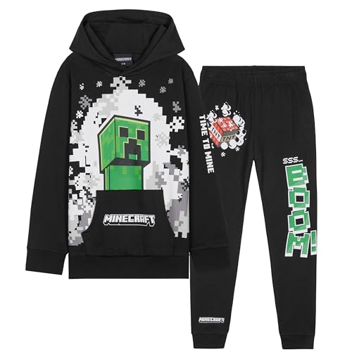 Minecraft Jungen Trainingsanzug Set, bequemer Jogginganzug mit Pullover & Hose (Schwarz/Grün, 9-10 Jahre)