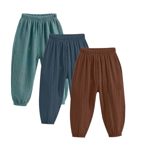 ACMEDE 3er Pack Unisex Baby Kinder Pumphose Gr. 86/92/98/104 Sommer doppellagigem Baumwollgarn Leinenhose Kinder Leichte Atmungsaktive Jogginghose Lässige Hose Gr. 116/122/128/134