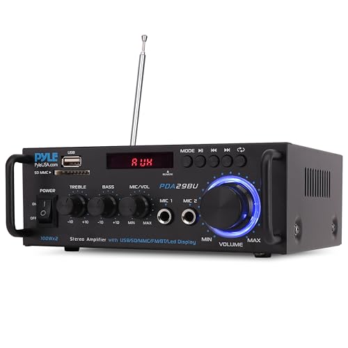 Pyle Verstärker, 200W- Stereo Verstärker, Amplifier- mit 2 Kanäle, Bluetooth Audio Receiver- mit RCA, USB, SD, MIC-Eingang, FM-Radio, Bass & Höhenanpassung, Für Zuhause, Auto, Studio & Heimkino