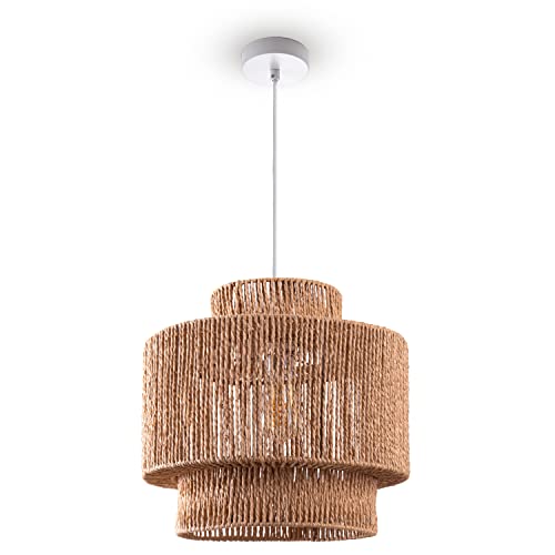 Paco Home Pendelleuchte Esstisch Papier Boho Hängelampe Esszimmer Lampe E27 Hängeleuchte Rattan, Farbe:Natur (Ø40cm), Leuchtenart___Farbe:Pendelleuchte - Weiß