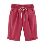 Generisch Leinen Shorts Damen Knielang Kurze Hosen Mode Kurzhose Bequeme Lose Strandshorts Sweatshorts Leinenhose Bermuda Shorts mit Tunnelzug Tasche Vielseitig Hotpants