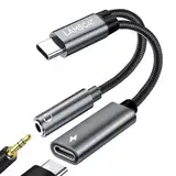 LAMSCAT USB C auf Klinke Adapter und Laden, 2 in 1 Typ C auf 3.5mm Kopfhörer Adapter Unterstützt 60W Schnellladung für Samsung Google, Xiaomi Huawei/Mini 6 und mehr (grau)