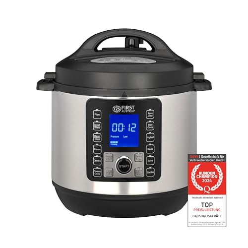 TZS First Austria Druckkochtopf elektrisch 6L | Multikocher | 12 Programme Schnellkochtopf | Reiskocher | Dampfgarer mit Warmhaltefunktion, Silber-Schwarz