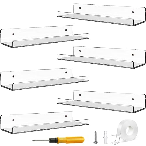 Viymgit 6er-Pack klare Acryl-Regale, Selbstklebende 38cm schwimmende Regal Wandhalterung für Home Organisation & Wanddekoration, Display Ledge Regale für Bad, Wohnzimmer, Schlafzimmer und Küche