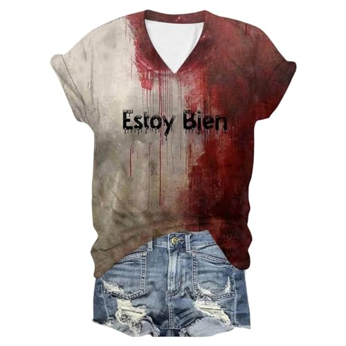 WKAYsIV Oberteil Rückenfrei Sommer Sachen Teenager Raver Outfit Bluse Dunkelblau Damen Shirt Silber Festliche Hosenanzüge Brautmutter T Shirt V Ausschnitt Damen(Rot,XXL)