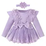 FYMNSI Neugeborenes Baby M�dchen 1. Geburtstag Outfit Taufkleid Spitzenkleid Partykleid Strampler Langarm Bodykleid Prinzessin Bodysuit Kleid Stirnband Herbst Kleidung Fotoshooting Lila 12-18 Monate