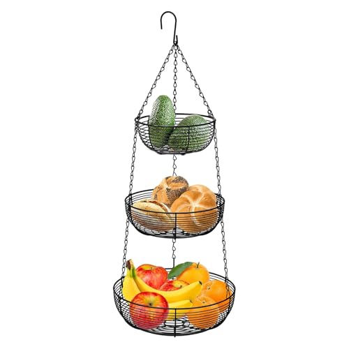 Accmuzzy 3-Etagen Obstkorb Hängend,Metall Schwarz Hängender Obstkorb mit Haken,Verstellbarer Hängekorb für Küche,Ideal zur Aufbewahrung von Obst,Gemüse,Brot und Lebensmitteln