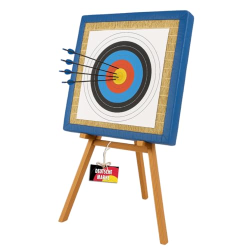 Zielscheibenmatte aus Stroh 90x90 cm – wetterfeste Bogensport Zielscheibe inkl. 3 FITA Zielauflagen – Pfeilfangmatte Schießscheibe für Recurve & Freizeitbogen
