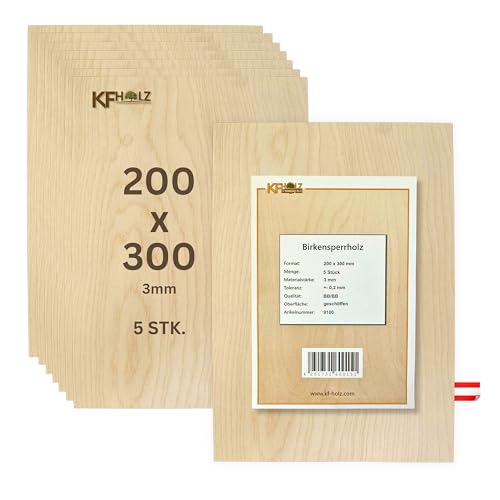 KF-Holz 5 Sperrholzplatten Birke (20x:30cm,3mm) - Hochwertige Multiplex Platten für Bastelarbeiten, Holzzuschnitte, Modellbau