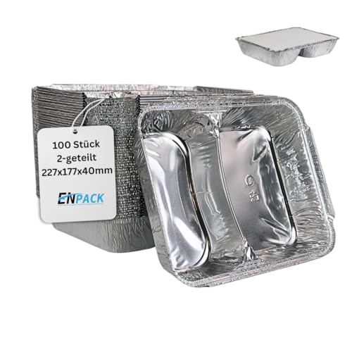 Enpack Aluschale R808-1020L - 100 Stück Aluschalen mit Einlegedeckel 1020ml - Zweigeteilte Menüschale 23x18x3,9 cm - Grillschalen - Einwegverpackungen - alubehälter für Pasta/Nudeln - Aluminiumschale