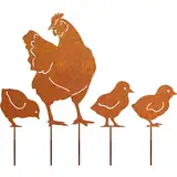 JYUECIAN Hühner Gartenstecker 4er Ostern Rost Deko Gartendeko für Draußen, Edelrost Metall Huhn Küken Roststecker Bauernhof Frühling Deko