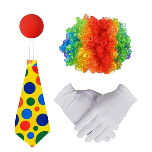 4 Stück Clown Kostüm Accessoire Set, Clownkostüm Clown Verkleiden Regenbogen Perücke + Clownsnase + Handschuhe + Bunte Krawatte, Clown Kostümzubehör, für Halloween Cosplay Fasching Karneval Kostüme