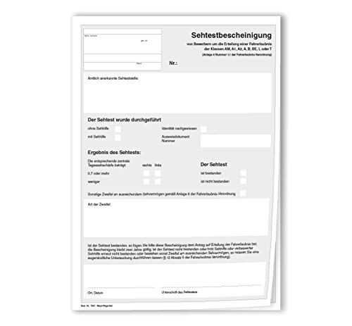 50 Sehtestbescheinigungen Anlage 6 Nr. 1.1 der Fahrerlaubnis-Verordnung | Sehtestbescheinigung für Führerschein-Klassen: AM, A1, A2, A, B, BE, L, T |DIN A4