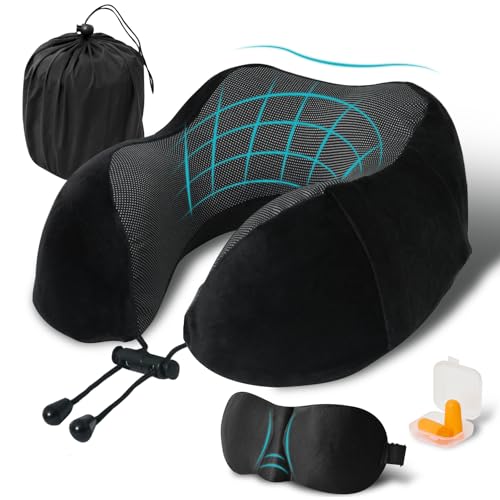 FANHOMAS Nackenkissen Flugzeug, Reisekissen Memory Foam, U-förmiges Travel Neck Pillow Nackenhörnchen Erwachsene mit Schlafmaske und Ohrstöpsel Mitbringen für Flugzeug Auto Büro - Schwarz