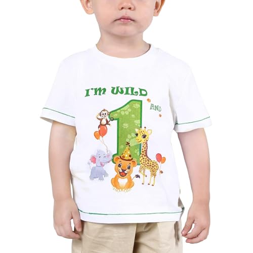 Baby Junge 1. Geburtstag T Shirt - Waldtiere Geburtstag Partyzubehör Kurzarm Ich Bin wild und 1 EIN Jahr Dschungel Geburtstagsfeier 100% Baumwolle gedruckt T-Shirt Geschenk (Weiß, 80)