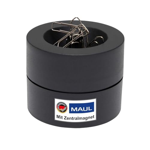 Maul Klammernspender MAULpro | Ø7,3x6cm | Schreibtisch Organizer für Büroklammern | Schreibtisch Zubehör mit Magnet für Büro | Inklusive 15 Klammern | Stilvoller Büroklammernspender | Schwarz