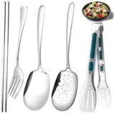 GZLCEU 5 Stk Servierlöffel Set, 304 Edelstahl Vorlegebesteck Vorlegelöffel für Bankett,Buffet Restaurant,Hotels Party(Löffel/Schaumlöffel/Gabel/Essstäbchen/Essenszange)