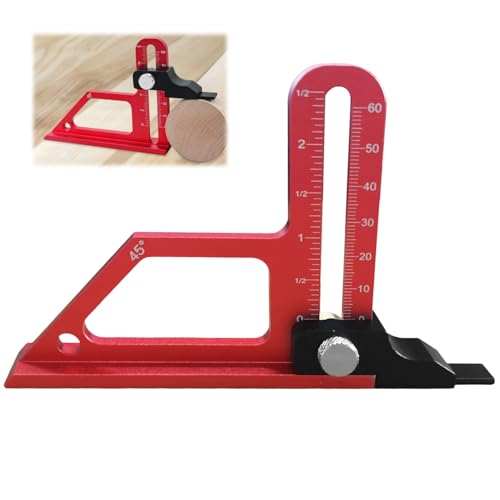 Tiefenmesser Oberfräse, Metrisch und Zoll, Aluminiumlegierung Material Tiefenmesser, Einstellbare Skala 0–60 mm, 45°-Neigungstiefenmesslineal, Geeignet für Holzbearbeitungs-Heimwerker (Rot)
