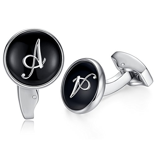 HONEY BEAR Briefe Initialen Buchstabe manschettenknöpfe Herren Edelstahl Hochzeit Cufflinks Manschettenknopf Schwarz (A)