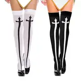 Halloween Nonne Cosplay Strümpfe, 2 Paar Gothic Overknees Strümpfe, Undurchsichtige Strumpfhosen mit Kreuz Schwert Muster, Halloween Cosplay Kostüm für Karneval Mottoparty, Schwarz &Weiß