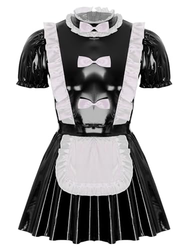 FEESHOW Herren Dienstmädchen Kostüm Kleid Wetlook Lackleder Unterwäsche Männer Maid Cosplay Junggesellenabschied Kostüm Schwarz_A L