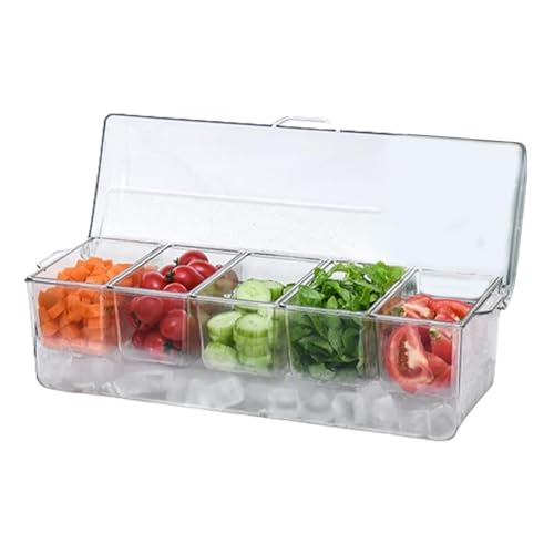 Gekühlter Gewürz-Servierer, Aufbewahrungsbehälter, gekühlter Servierbehälter, 5 Fächer, Gewürz-Serviertablett mit Deckel, Tablettplatte für Barzubehör, Obst, Salat, Burrito,