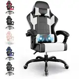 Airfish Bürostuhl Ergonomisch Gaming Stuhl Massage Gaming Sessel mit Kopfstütze Massage-Lendenkissen, Gepolstert Gaming Chair, Drehsessel,150kg Kapazität,Schwarz weiß