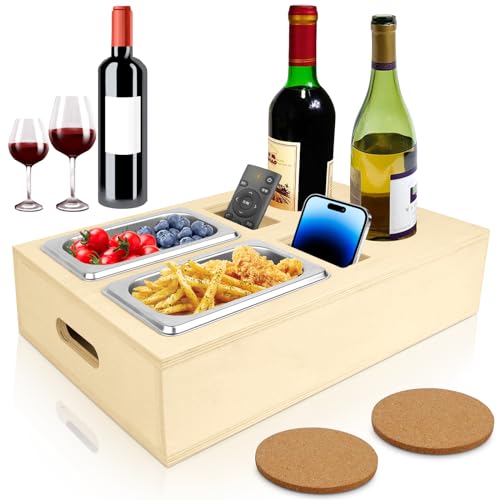 JOLIGAEA Couch Bar Holz, Bambus Couch Bar Organizer, Couch Butler mit Edelstahl-Snackschalen, Couchbar mit 2 Untersetzer, Snackschale, Sofa Bar Geeignet für Wohnzimmer Sofa Restaurant Picknick Party