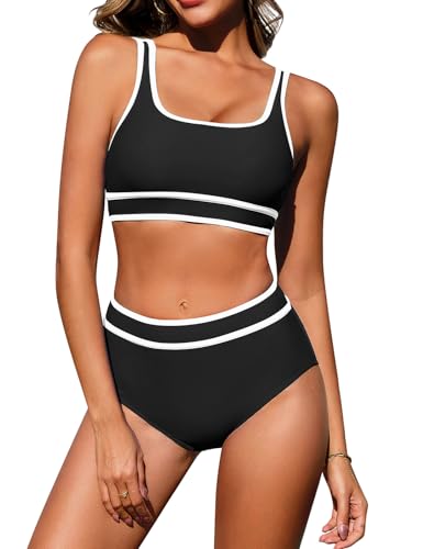 FemiChic Bikini Damen Set Zweiteiliger Push Up Bademode Bauchweg High Waist Schwimmanzug Sportlich Swimsuit Bikinioberteil Bikinihose Colour-Blocking Bikini-Sets Sommer(Schwarz,L)