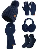 Niwicee Wintermütze Damen Fleece Gefütterte Handschuhe Damen Wärmer Lange Strickmütze Schal Warm Beanie Mütze Ohrenschützer Schal Handschuhe Socken-5 Stück Set Gestrickte Winter Geschenk-Marineblau