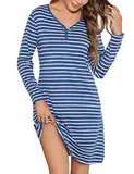 Bresdk Nachthemd Damen Langarm Winter Lang Baumwolle Nachtwäsche Schlafshirt mit V-Ausschnitt und Langen Ärmeln Gestreifte Sleepshirt blau weiß M