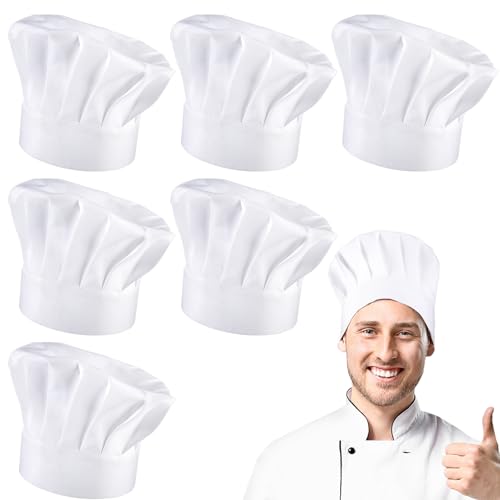 taonganui 6 Stück Kochmütze Weiß Unisex Chef Kochmützen Erwachsene Koch Mütze Hut Verstellbar Professionel Küchenuniform für Herren Frauen Restaurant Kochen BBQ Backen