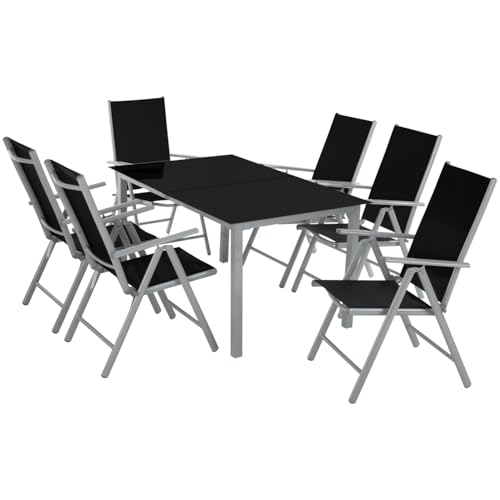tectake® Sitzgarnitur Aluminium Klappstühle, Lounge Set mit 6X Stühle und 1x Glastisch Esstisch, Gartenmöbel Set wetterfest für den Balkon, Gartenstühle, Terrassenmöbel, Liegestuhl - anthrazit