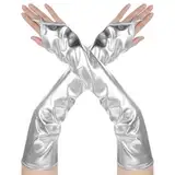 Fingerlose Handschuhe Lange Metallic Silber Halloween Damen Discokugel Kostüm Kunstleder Goth Rave Cosplay Punk Prom Lange Handschuhe Fingerlos Damen Leder Alien Kostüm Zubehör für den Abschlussball