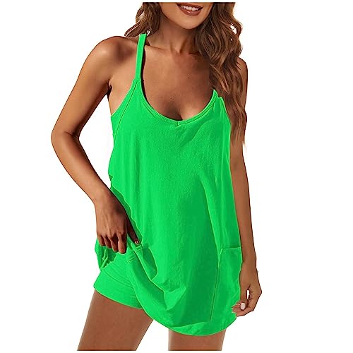 Kleid für Frauen mit Shorts, Spaghettiträger, Tanktops mit Taschen, Sommer, lässige 2-teilige Outfits/einzelnes Kleid Fitness Set Damen Hausanzug Damen Sommer Hausanzug Damen Elegant (Green, XXXL)