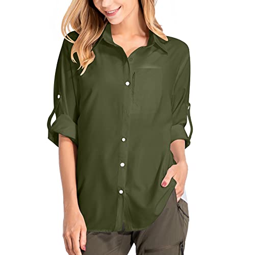 yeyity Damen Hemdbluse UV Schutz Langarmshirt Damen Schnell Trocknende Sport Shirts Wandershirt Safari Casual Button Up Tops Strandurlaub Elegant Bluse（5019,Amy Green,L