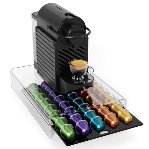 LifeMoreasy Transparenter Kapselhalter- Kaffee Aufbewahrung Schubladenbox für Original Nespresso Kapseln - Organizer für 40 Kapsel, Fließender Auszieh-Design, Robuste Kapselmaschine Ständer