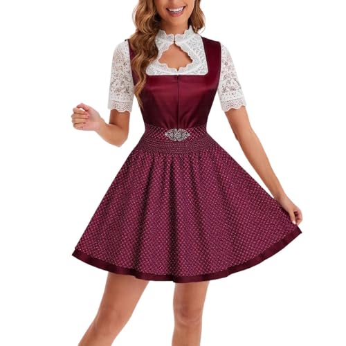 Foweknow Dirndl Damen Midi Trachtenkleid Elegant Oktoberfest Damen Outfit Trachtenmode Kleid Bayerisches Bierfest Cosplay 2 Teilig Traditionelle Ethnischen Stil Freizeitkleid Partykleid