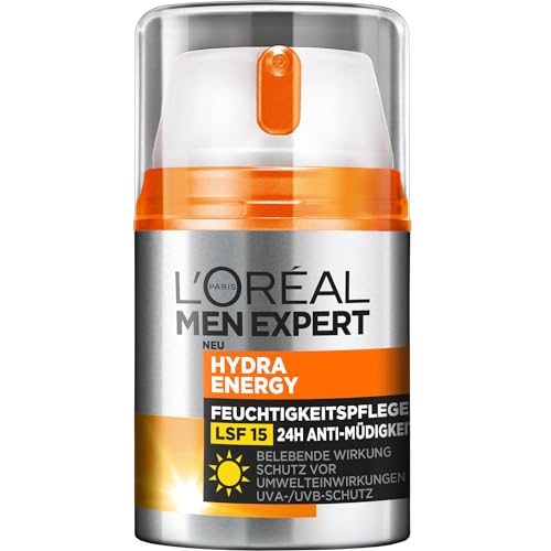 L'Oréal Men Expert Gesichtspflege mit LSF 15, Feuchtigkeitscreme mit Sonnenschutz, Mit Guarana und Vitamin C, Hydra Energy Feuchtigkeitspflege 24H Anti-Müdigkeit, 1 x 50 ml