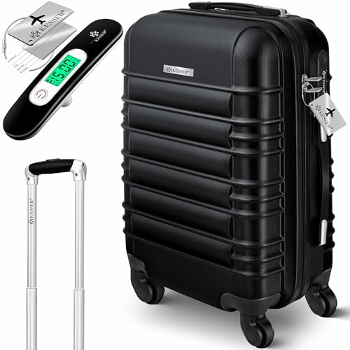 KESSER® Reisekoffer Hartschalen-Koffer Inkl. Kofferwaage + Gepäckanhänger | Trolley Gepäck Rollkoffer Zahlenschloss 4 Rollen ABS-Hartschale Teleskopgriff (Schwarz, Handgepäck 55cm - 55L)