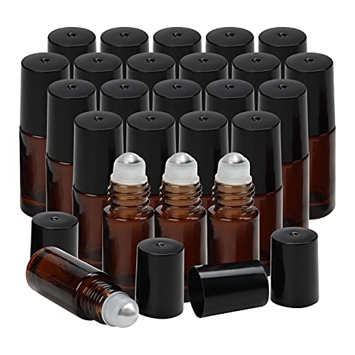 BELLE VOUS Bernsteinfarbe Braunglasflasche Roller (24 Pack) 5ml Nachfüllbare Liquid Flasche Öl Roller Edelstahl Kugeln - Für Ätherische Öle Aufbewahrung, Parfüm, Duft, Lippen Balsam/Öl und Kosmetika