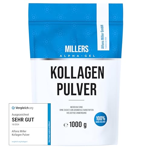 100% reines Kollagen Pulver I Kollagen Hydrolysat Peptide Typ 1, 2, 3 I Collagen Protein I Millers Alpha-Gel 1000 g I Ohne Zusatzstoffe I Collagen Pulver in Deutschland hergestellt